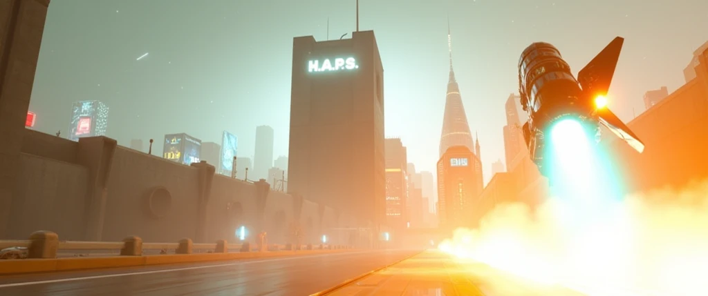 A cinematic wide shot captures a glowing **cyan-tipped missile** streaking through the rain-soaked night sky, its fiery **orange exhaust trail** carving a sharp arc through the misty air. Below, the **H.A.P.S. prison complex** dominates the frame—a massive...