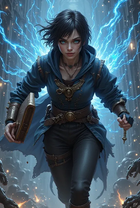 A young woman with short black hair and bright blue eyes, wearing black and grey healer robes and running into battle wielding a tome in her left hand and a wand in her right hand. blue healing magic swirls around her. Healing orbs flow from her wand towar...