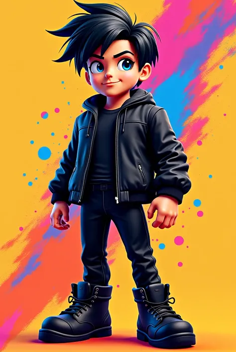 Create a colorful and showy Roblox artwork of a boy with wavy hair and black clothes 