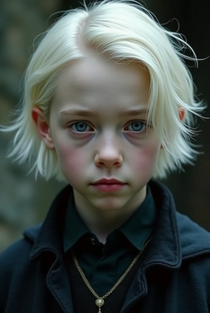 Draco Malfoy is a handsome boy, a tall boy.,  more or less 1 .85 cm tall . very slender , strong,  has more or less long hair with tufts on both sides of the face,  platinum blonde .  She has fine but marked features ,  with thick lips and blue gray eyes I...