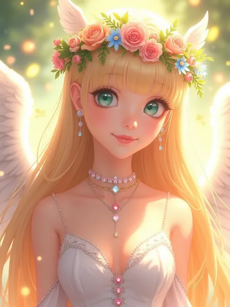 Anime, angel, goddess, 1girl, young adult 19-year-old but mature, ethereal and divine like features and beauty, tall and confident posture, long Rapunzel like hair that is Golden Pearl Blonde color like color of champagne with bangs and shines, wearing a s...