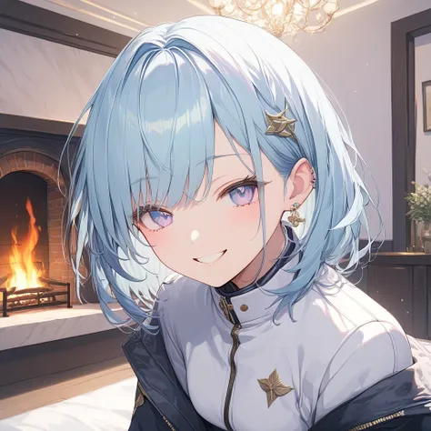    Ultra High Resolution, masterpiece,  textured skin,  very detailed,   high detail ,  top quality, uniform, Fluffy Jacket ,  Light Blue Hair,  detailed background, smile,  full body,  gisol,  indoor, fireplace, bedroom,sit,  Black Boots , Just before sta...