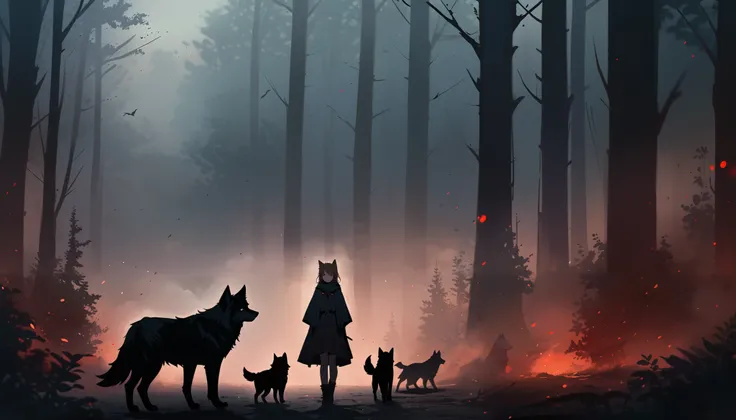 a forest background, 1 very short very young female with a black wolf pup with red eyes next to her and two wolves around those two, the very young girl has brown hair and red eyes, mysterious, mist, zoomed out, girl far in the background, two black wolves...