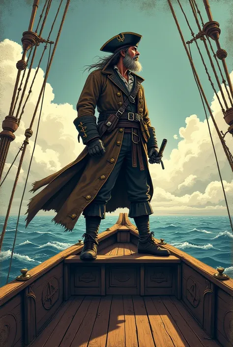 Poster drawing of a pirate at the front of his boat, regardant vers l'horizon.