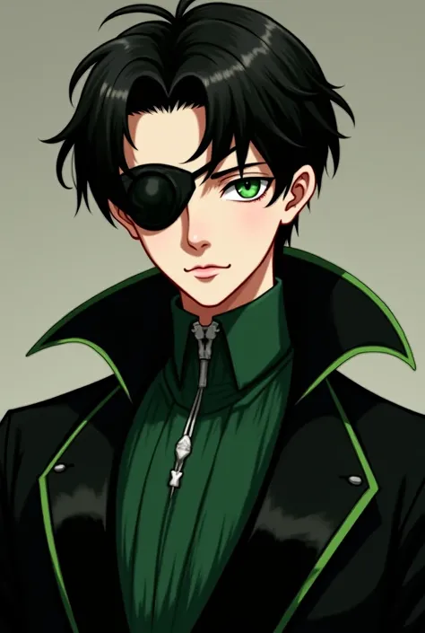   boy, A Count,  green eyes, an eye patch,  dark hair, elegant clothes( color black and green  )