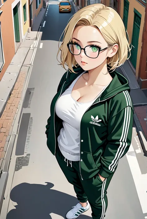 girl, chubby girl, plump build, blonde, short hair, open forehead, no bangs, green eyes, black square-framed glasses, pajamas, black tracksuit, black pants, black sweatshirt, unbuttoned sweatshirt, white bra, adidas suit, white tank top, Standing on the st...