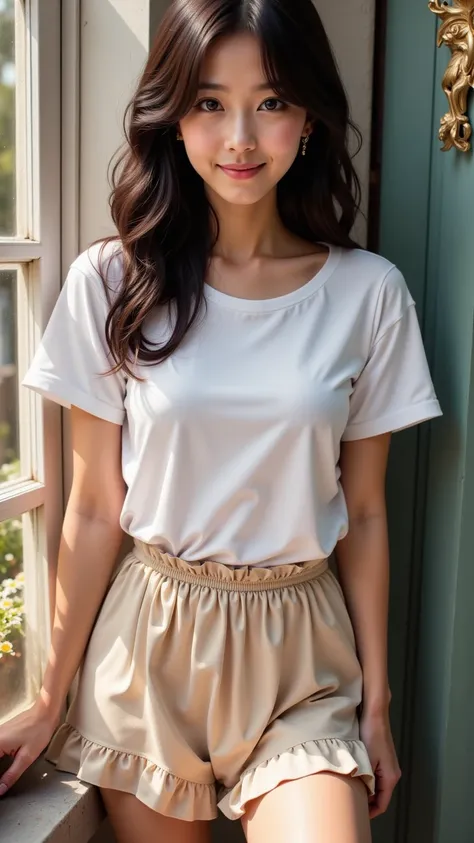 prompt: |
  A confident short 18-year-old woman in a simple **white T-shirt,mini frill skirt**, casually leaning against a wall. Her posture is relaxed, and she gazes directly at the camera with a calm yet engaging expression. Her long hair falls naturally...