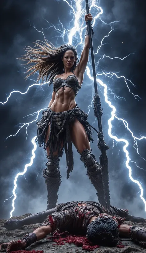 A fierce 30cm Amazonian warrior figurine, standing triumphantly on a fallen man’s  as the ground cracks beneath her powerful stance. Barely clothed in tattered leather armor, she exhibits a fierce and muscular physique, her long hair flowing in the storm’s...