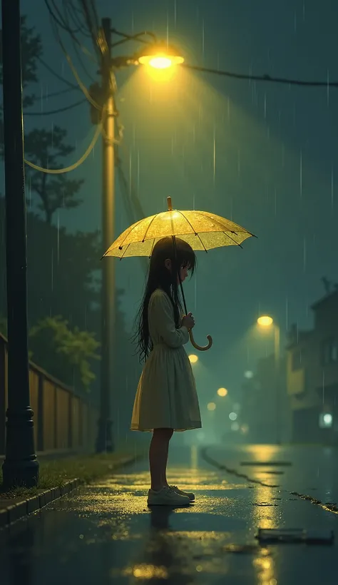 A young girl stands alone under a dimly lit streetlamp on a quiet, rainy night. She holds a small, translucent umbrella, its surface speckled with raindrops glimmering in the soft yellow light. Her long, dark hair clings to her face and shoulders, damp fro...