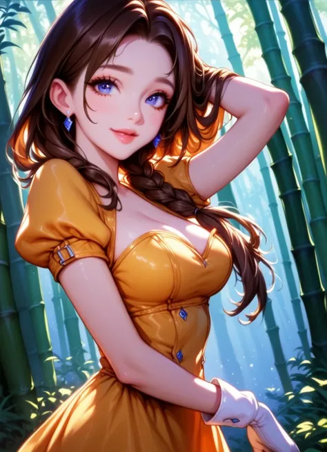 (anime screencap:1.2), background, 1girl, medium breasts, (JaneXL:1.1), long hair, brown hair, blue eyes, yellow dress, puffy sleeves, white gloves, skirt, makeup, light smile, dutch angle, shy pose, shy, looking at viewer, bamboo forest, nature, daylight,...