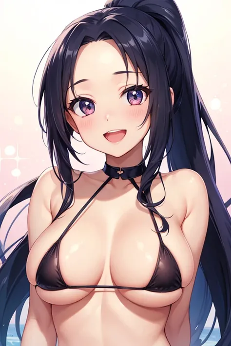  top quality,  in ultra high quality, 8k,  upper body,  cute,  from the front, smile,  open their mouths, anime,  micro bikini,  ponytail, Beautiful breasts, she, Forehead visible, Big Breasts, 