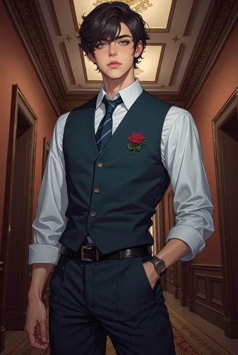 anime - style image of a man in a vest and tie standing in a hall, handsome guy in demon slayer art, tall anime guy with blue eyes, male anime character, anime handsome man, handsome anime pose, delicate androgynous prince, beautiful androgynous prince, yo...