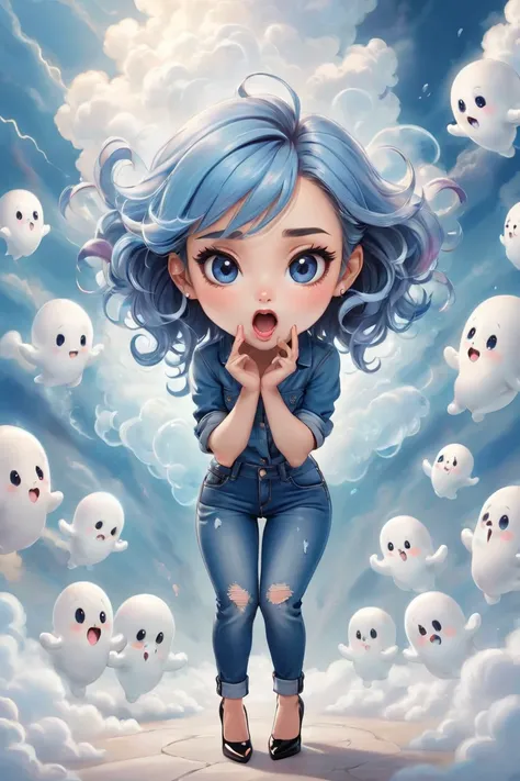 Photorealistic chibi art style, a beautiful woman in jeans and high heels, facing the viewers pretending to be scared, both hands on face, artistic, artist, simple volumtric light background, swirling clouds, ColorART, many cute ghosts with tongues out, ch...