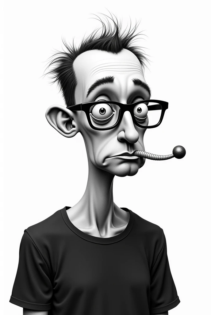 monochrome pencil drawing, inspired by the world of Tim Burton, A man wearing glasses with a butt and a black t-shirt 