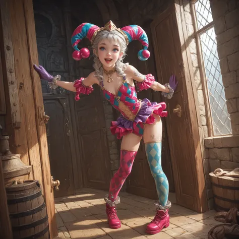 A gorgeous enchantress (cute, age 20, sexy small jester outfit, arcane tattoos, matching gloves, matching boots, platinum hair), struggle for her life in front of an an arcane door in a dungeon, the door has an intricate puzzle, tentacle slime beast restra...