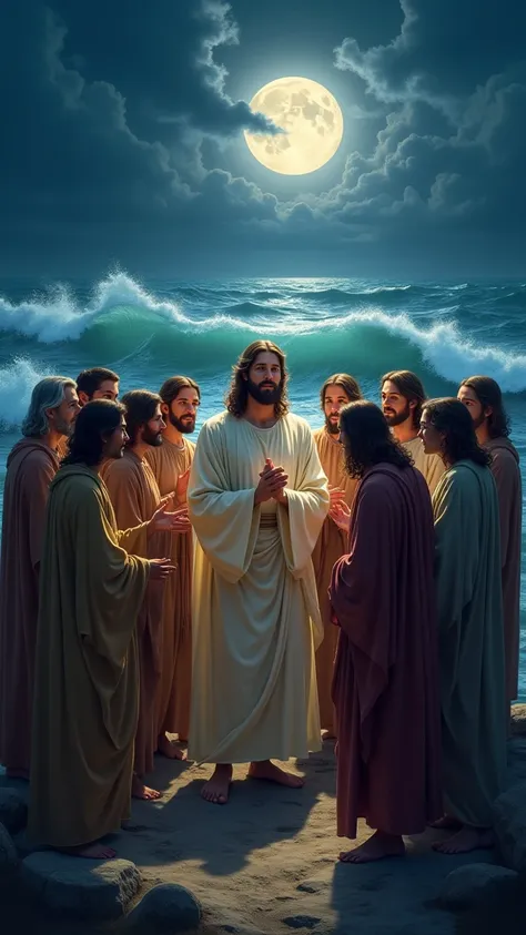 Create a scene where the apostles were celebrating something with Jesus Christ on a moonlit day and a rough sea 