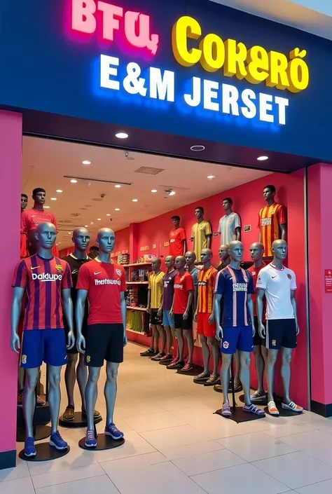  Create a store front of team jerseys,  inside the mall ,  with mannequins on the front wearing team jerseys, of the teams  [palm trees, São Paulo, flamengo, Vasco, Fluminense, Bahia, Atletico Mineiro, cruzeiro, corinthians. Store color will be pink , blue...