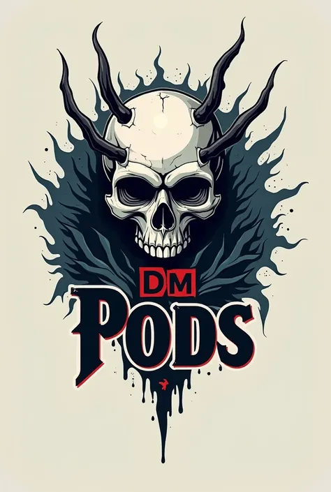 Give me another logo written “DM PODS” with a skull on the side of the logo