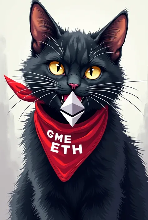 Make this cat have ethereum logo biting and has a red bandana on which says Gme ETH