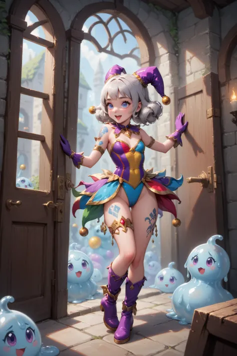 A gorgeous enchantress (cute, age 20, sexy small jester outfit, arcane tattoos, matching gloves, matching boots, platinum hair), struggle for her life in front of an an arcane door in a dungeon, the door has an intricate puzzle, tentacle slime beast restra...