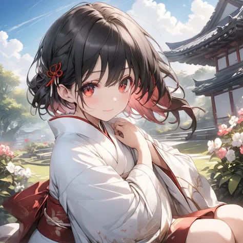 (perfect anatomy),( best quality),( ultra hi-res),( Highly Detailed CG),( 32K),(unity 32K wallpaper),( One Girl)、 cute face, clean skin, shiny hair, rich contrast 、black hair, red eyes, short hair, low ponytail,sidelocks,small breasts, white kimono, gradie...