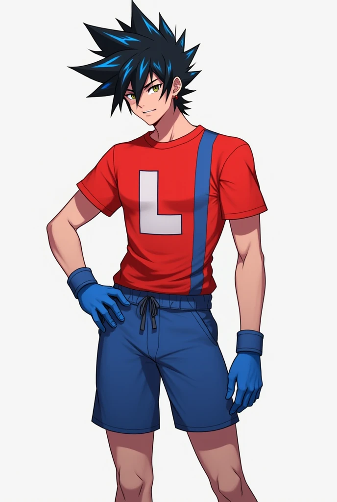 Character design with black hair and blue stripe red shirt with L and blue gloves and shorts 
