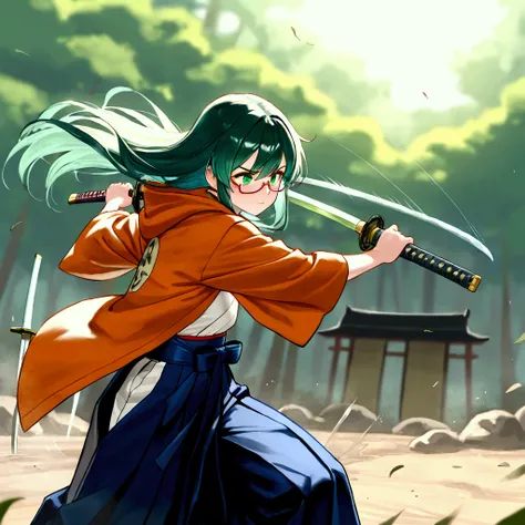 ,((1girl,Naamah_materialism,long-deepgreen-hair,green-eyes,horizontal pupils,orange-hooded-jacket,under-rim eyewear,Petite Stature)),ukiyo-e art, long leek like Sword,hakama,Swinging a sword,action scene,samurai Battlefield,slash that cuts the screen in ha...