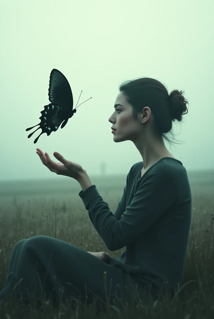  A woman looks at a large black butterfly that she is sitting on her hand. In the background is a field covered in fog 