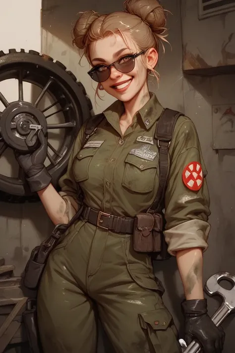  The woman has light brown hair tied in a messy bun, with gear glasses on your forehead, wearing a dark green jumpsuit soiled with grease and some dirt, The woman has a robotic arm in shades of medium-aged gold , using a tool belt tied around the waist,  T...