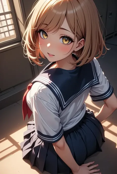    female student passing away ,   I change clothes and turn my back in a panic  , Detailed face and body,   sailor suit,   pleated skirt、I almost take it off ,   dichevelle hair  ,   makes you blush, Indoor scene,   locker room,  warm colored lights, (  h...