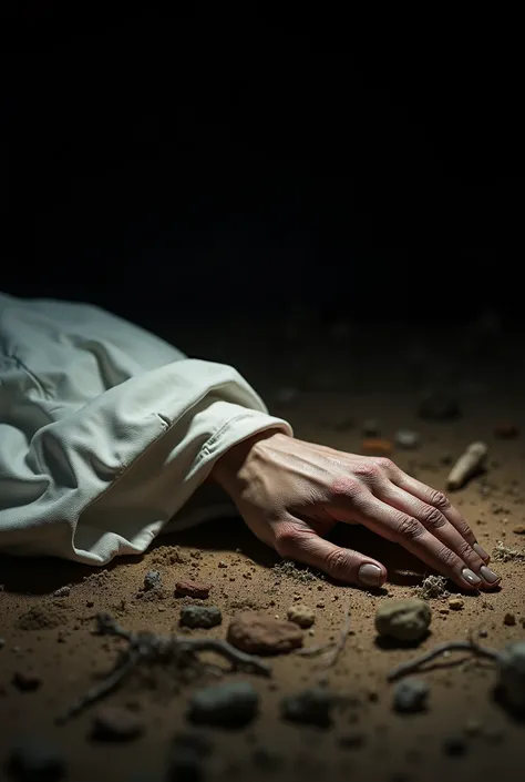  A dark and gloomy scene with a deep black background Lighting focused on a body lifeless.  The  is partially covered by a wrinkled white sheet , , revealing an inert hand extended on an arid soil composed of dry earth , stones and small branches .  The sk...