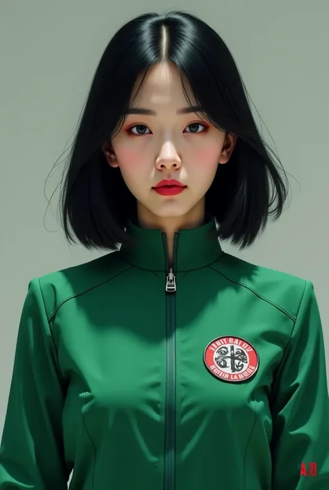 A  has medium long hair and black hair and is wearing a green round six outfit number 214 she is a South Korean woman character round six