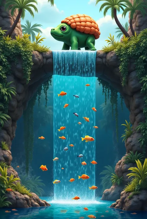  Create a waterfall on the first floor ,  a Kappa, a green human creature with a shell in the back, is present , At the top of his skull ,  at the hair level is a hole filled with water .  On the second part of the waterfall ,  the water falls into a sligh...