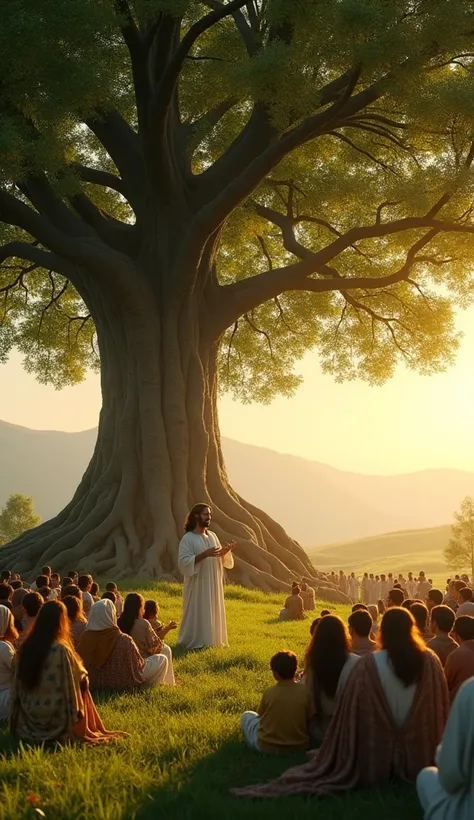 Picture an incredibly detailed, lifelike scene unfolding beneath the vast canopy of a giant tree in a lush meadow, where nature and spirituality collide in perfect harmony.

At the heart of this scene stands Jesus, His presence radiating peace and authorit...