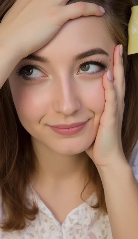 ultrarealistic long full face and body photorealistic image of a with a 23-year-old girl with a lovely face, featuring deep hazel eyes that captivate anyone who meets them. Her brown hair, adorned with lighter shades, gracefully falls onto her shoulders, f...