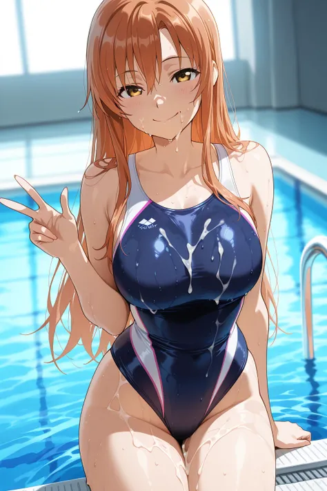 {{masterpiece}}, {{{perfect quality}}}, {{1girl}},anime screencap,{{Competition swimsuit}},hair down, hair bangs ,longhair, {official style},best quality, amazing quality, very aesthetic, absurdres ,{{pool}},{{wet}}, {{smile}},yuuki asuna,w v sign,Cum on f...