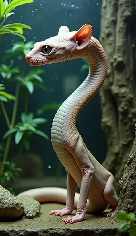 realistic image in high quality, a large snake with the head of a sphynx cat, the animal is in a glass space, the animal is on display in a zoo, in the aquarium there are plants, stones and a tree trunk. in the image we can see the entire animal, its body ...