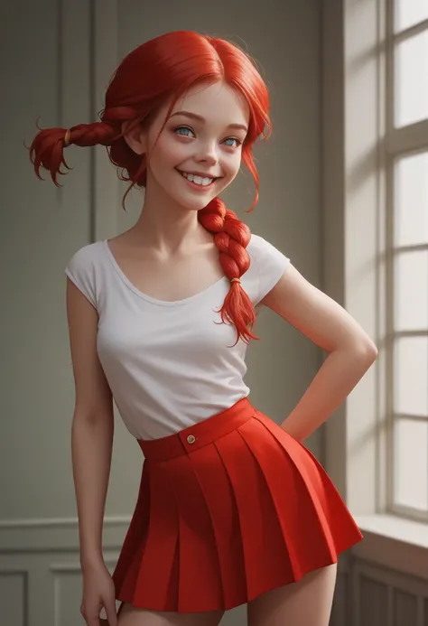 Ultra detailed image of 18 years old Pippi Longstocking, mischievous eyes, long red messy and braided hair, sexy, sloppy look, short skirt, in dinamic, smiling, vivid colors, intricate details of her beautiful eyes and perfect face, rim light.