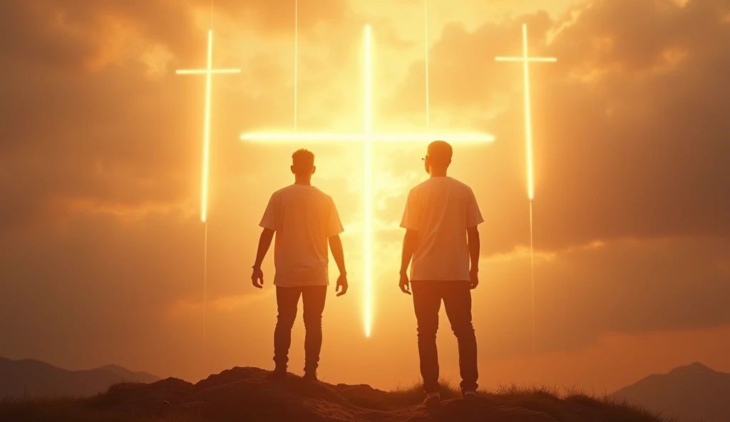 A divine and radiant scene featuring Justin Bieber and R. Kelly standing on a mountaintop at sunrise, hands lifted toward the heavens. The title "One with God" is displayed in bold golden and white text, with glowing rays of light emanating from the sky to...