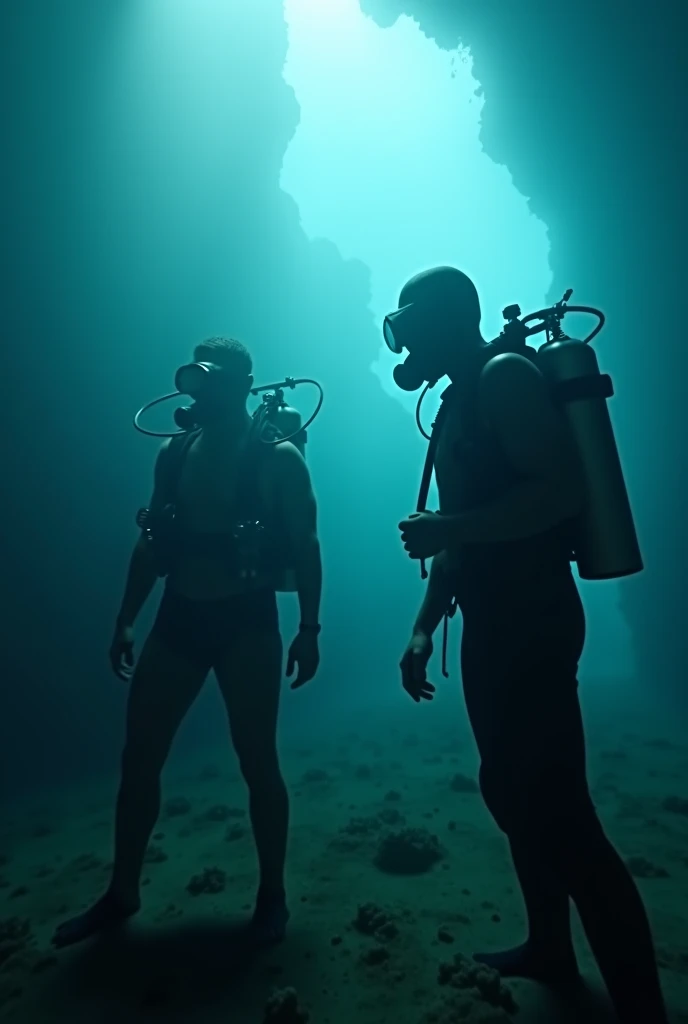 there are two people in scuba gear standing in the water, in a underwater horror scene, humans hide in the underwater, # film, still from a live action movie, scene from live action movie, movie, screenshot from a movie, deep underwater, still shot from mo...