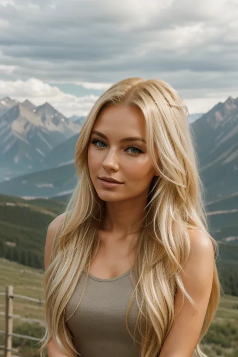  Blonde woman with flowing hair,  mountains in the background , 