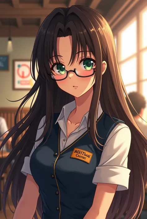  An animated image of a woman who works in maritime customs with long hair, limp, café,  And that it has fringes,  be a light-skinned woman , with green eyes and lenses 