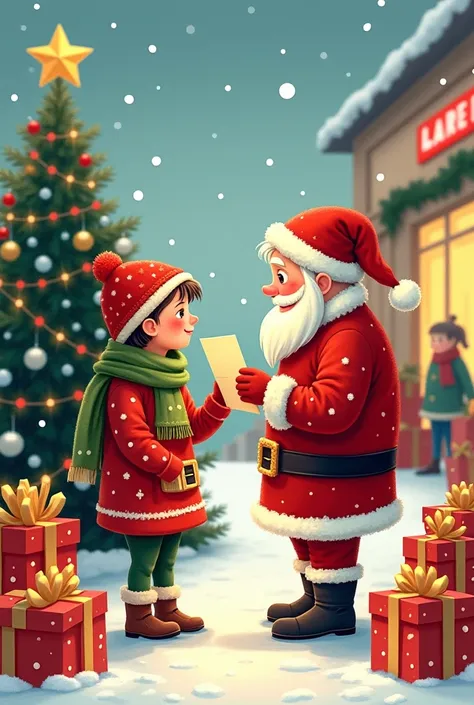  creates a drawing-style illustration that captures the consumerist essence of Christmas.  The picture should show a vibrant but balanced scene ,  with two or three central characters as protagonists . One could be Father Noel recullint the letter to a pet...