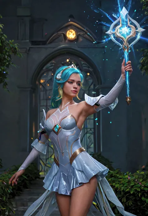 Epic digital artwork of League of Legends' Lux in her 'Elementalist' skin, glowing with radiant light magic. She stands confidently in a dynamic pose, holding her glowing staff, with sparkling energy swirling around her. Her outfit is futuristic-fantasy ar...