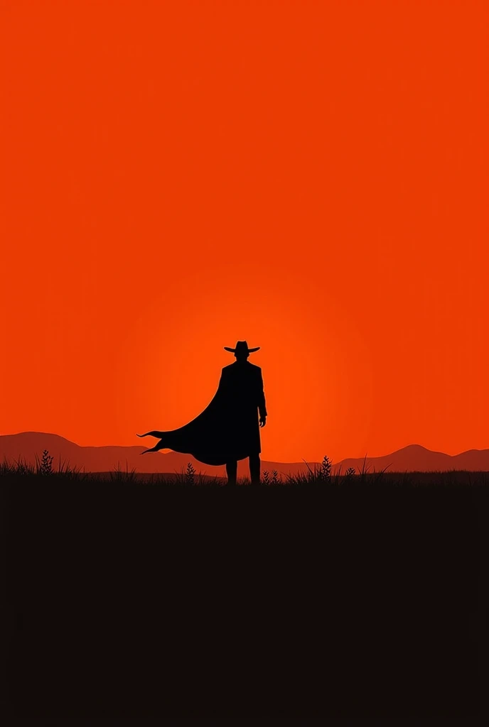  as the main element create a minimalist poster for the movie called " the fear of the origin of evil , Use as the main element a cowboy in a large field the cowboy wears a black cape with an orange sunset.  USE ONLY BLACK ,  red and orange  