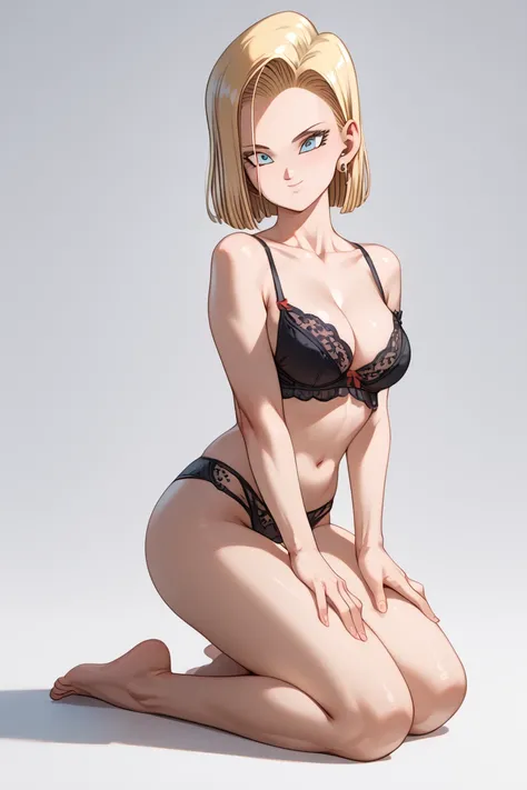 android 18,  black lingerie,alta resolución,  anatomically correct ,  The best quality ,  tall details,  high quality, senos medianos,  masterpiece, Kneeling posing as a model