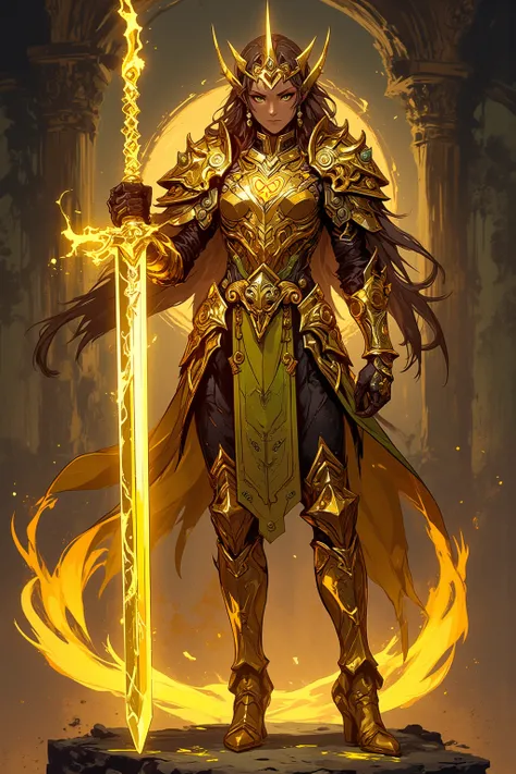 Beautiful brown-haired princess ,  bright green eyes, He wears a gold-colored divine war armor and a golden sword with a bright light blade,  full body 