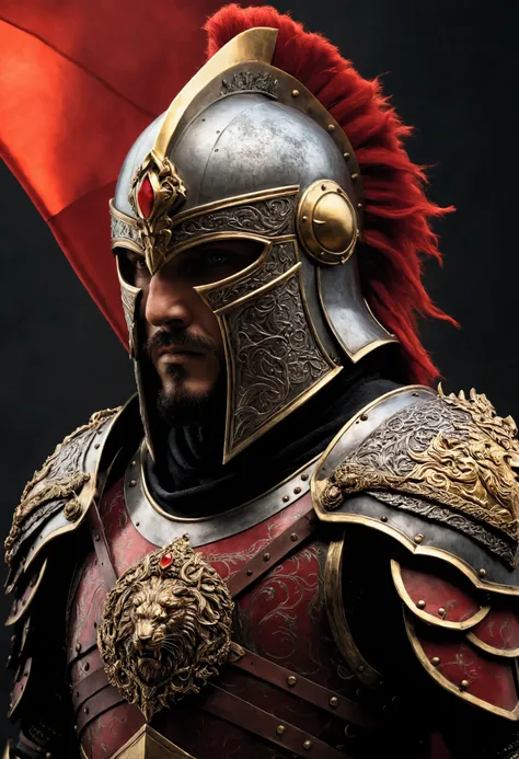 A hyper-realistic, awe-inspiring depiction of an epic medieval warrior, standing in a commanding pose, radiating strength and honor. The warrior is clad in meticulously detailed armor that balances elegance with brutality, featuring sharp, clean edges and ...