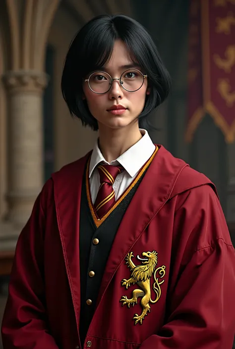 Teacher with glasses, Black hair and gryffindor uniform