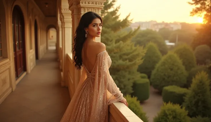 “Une magnifique femme aux traits raffinés, drapée dans une somptueuse robe fluide, se tient élégamment sur un balcon surplombant un jardin luxuriant. Son allure évoque une princesse perse, baignée dans la lumière dorée de l’heure d’or. L’ambiance baroque, ...